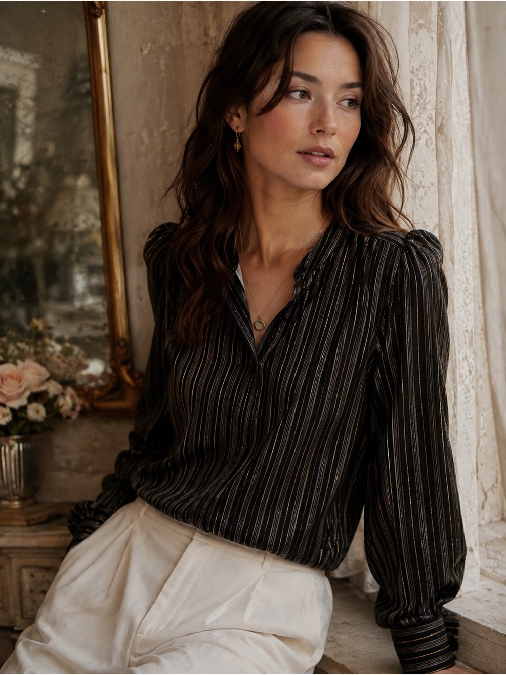 Banana Republic Metallic Stripe Silk/Cotton Blend Puff Shoulder Blouse - Size S
